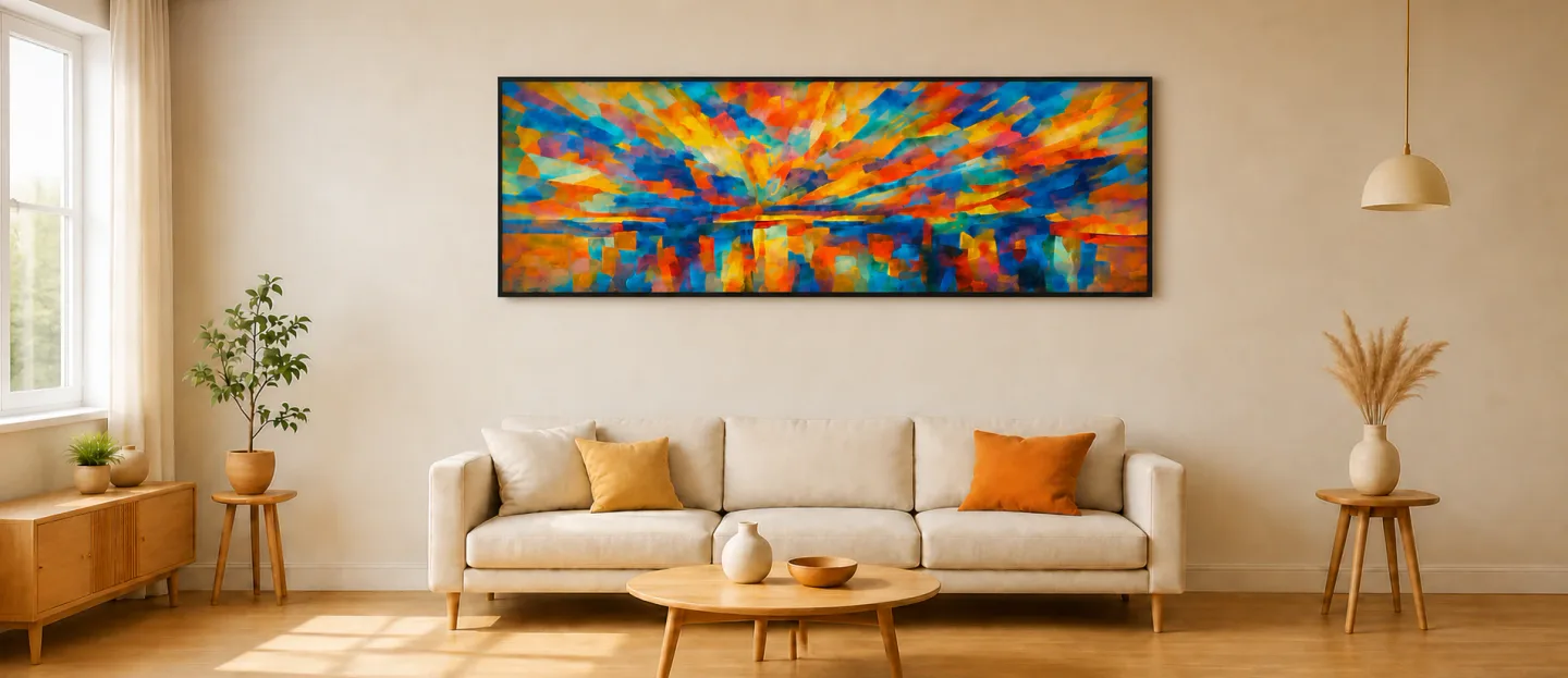 Colorful original PopFrame artwork in a black frame above a sofa